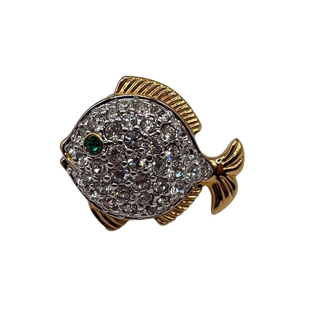 Swarovski Sparkly Crystal Fish Tie Tack Lapel Pin Brooch‎ Green Eye Gold Tone